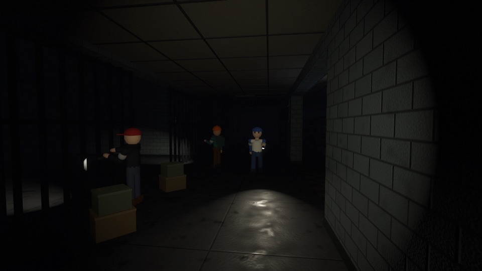 Three players with flashlights in the police station cell block
