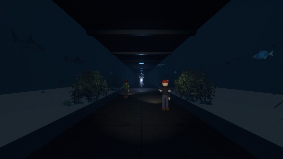 Two players in the glass tunnel with the Wraith at the far end