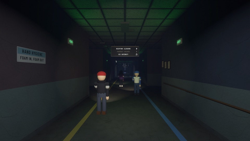 Three players in the main corridor of St. Aldwyn's hospital