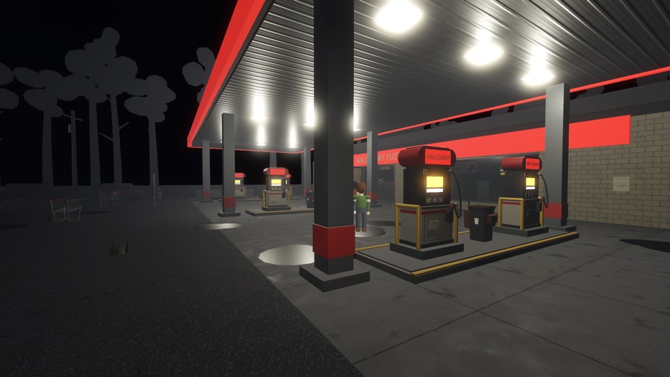 Players under the lit canopy of the Halloway Fuel gas station