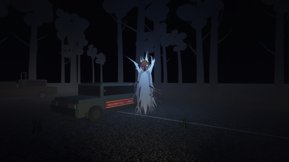 The Wraith beside a truck in the dark lot behind the gas station