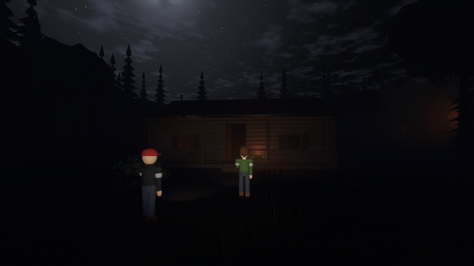 Two players approaching a log cabin at night