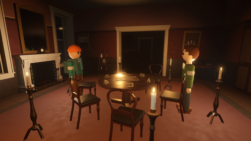 Two players at a candlelit séance table in the mansion parlor