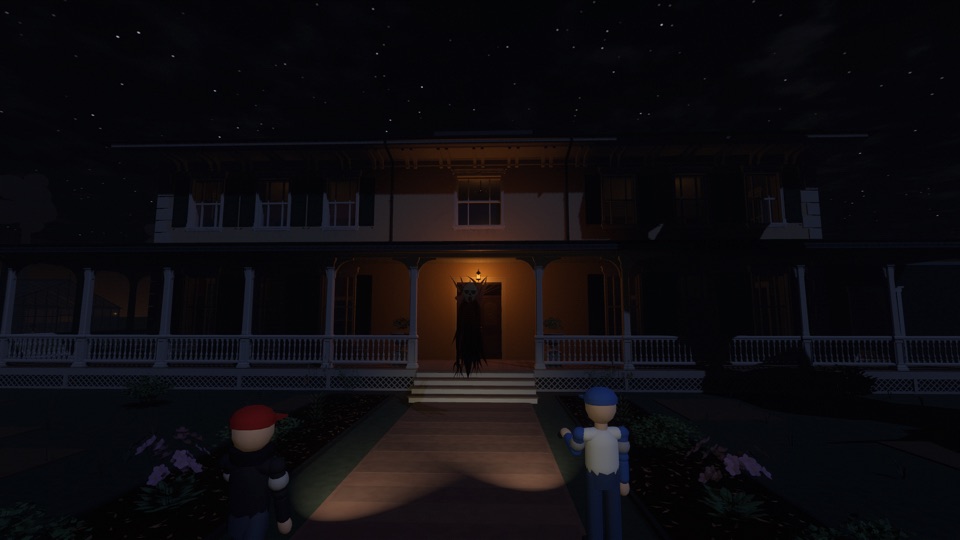 Two players on the path to the mansion with the Wraith in the doorway