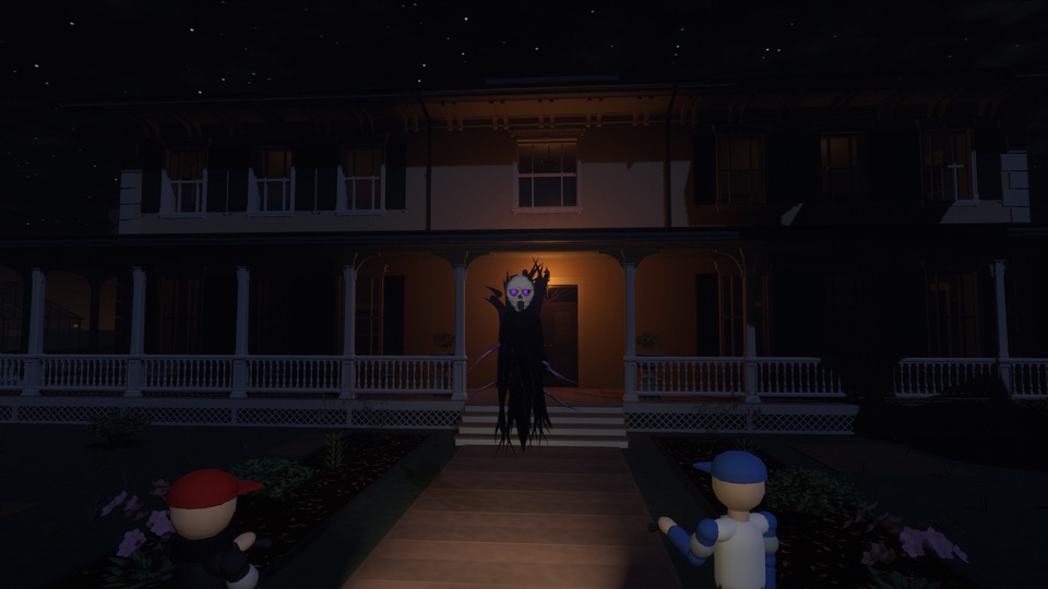 The Wraith on the mansion steps with two players on the path below