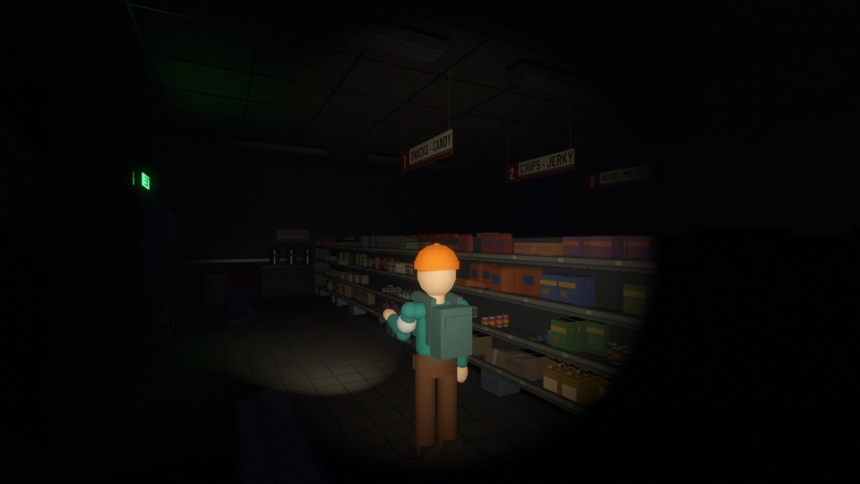 A player with a flashlight in the dark aisles of the gas station store